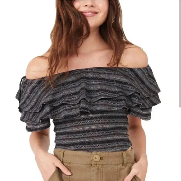NWOT free people heirloom off the shoulder stripped ruffle top - Picture 1 of 4